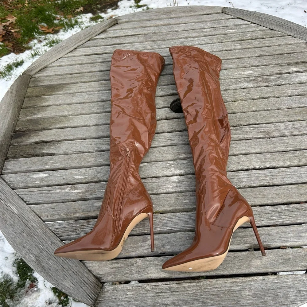 Steve Madden Patent Viktory Cognac Pat Thigh High Over Knee Boots size 6.5‎